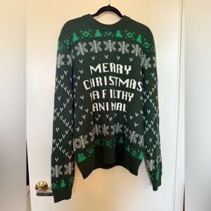 “Merry Christmas You Filthy Animal” Long Sleeve Green Christmas Sweater in XXL